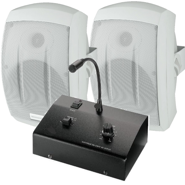 Praxenset-05-2015 Durchsagesystem für Praxen und Büros SET-05 mit 2 Wandlautsprechern mit Schwenkbügel