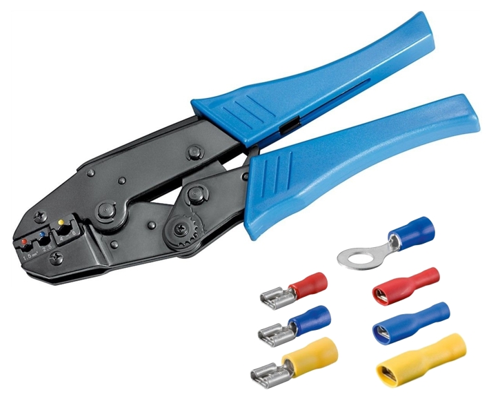 Crimpzange_rot_blau_gelb_97-905-00250 Crimpzange für KFZ Quetschverbinder Rote Blau Gelbe typische KFZ Zange