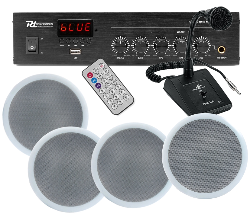 Praxenset_16_Neu_ab_2020 Durchsagesystem für Praxen und Büros SET-17 mit 4 Deckenlautsprecher